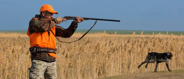 Homem Caçador Camuflagem Com Uma Arma Durante Caça Busca Pássaros — Fotografia de Stock