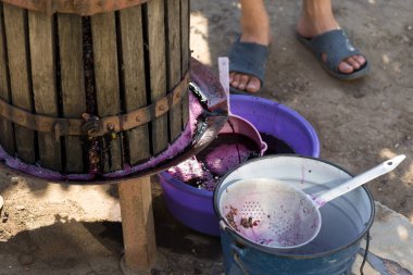 Kırmızılı şarap presi ve sarmal vida. Geleneksel şarap yapma tekniği. Üzüm filtreleme.