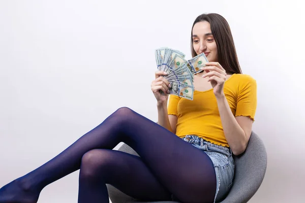 Photo Rich Woman Simple Clothes Holding Fan Dollar Money Isolated — Stock Photo, Image