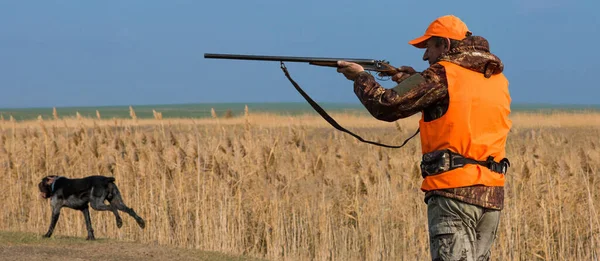 Homem Caçador Camuflagem Com Uma Arma Durante Caça Busca Pássaros — Fotografia de Stock