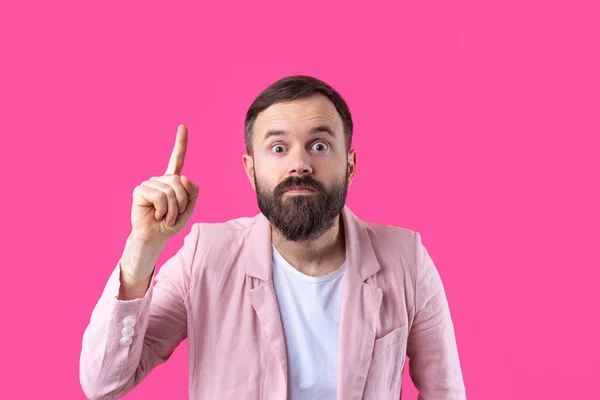 Handsome Man Beard Pink Jacket Thinking Isolated Red Background — Stock Photo, Image