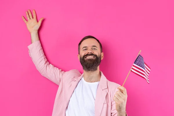 Portrait Satisfied Young Man Beard American Flag Red Studio Background — Stock Photo, Image