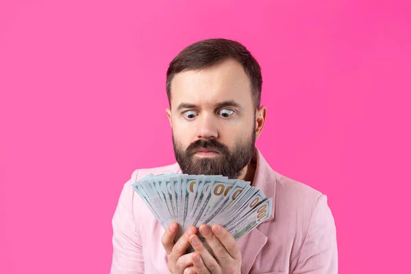 Portrait Contented Young Businessman Beard Dressed Pink Jacket Showing Dollar — Stock Photo, Image