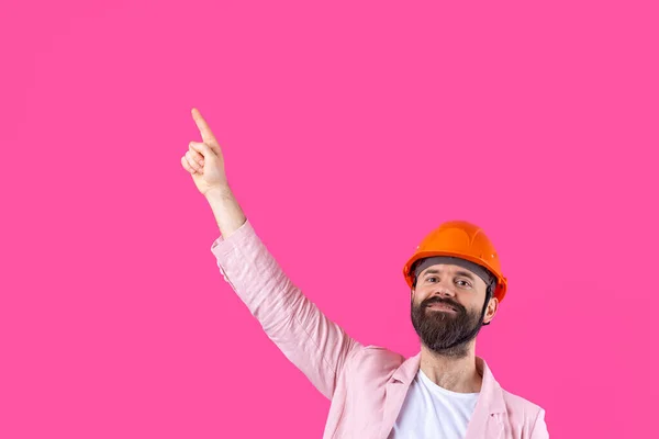 Portrait Young Construction Engineer Wear Orange Hard Hat Pink Jacket — Stock Photo, Image