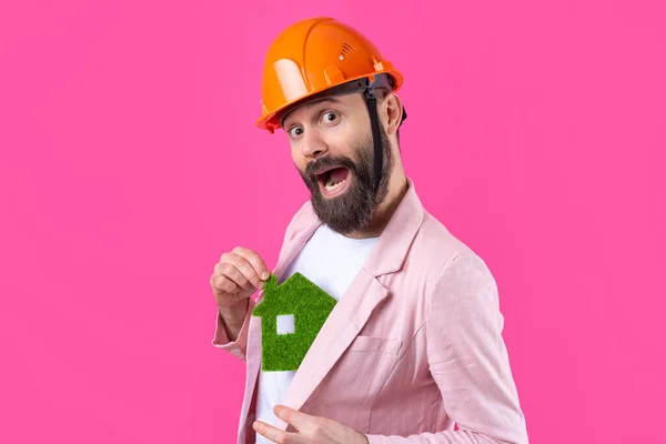 Retrato Joven Ingeniero Construcción Que Usa Casco Naranja Con Una — Foto de Stock