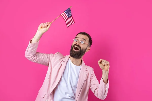 Portrait Satisfied Young Man Beard American Flag Red Studio Background — Stock Photo, Image
