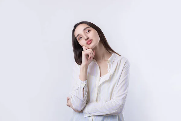 Portrait Beautiful Young Woman Thinking Isolated White Background — Stock Photo, Image