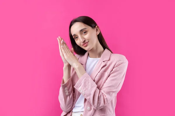 Porträt Einer Schönen Jungen Frau Rosa Jacke Die Isoliert Auf — Stockfoto