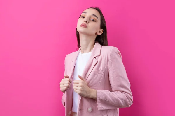 Portrait Beautiful Young Woman Pink Jacket Thinking Isolated Red Background — Stock Photo, Image