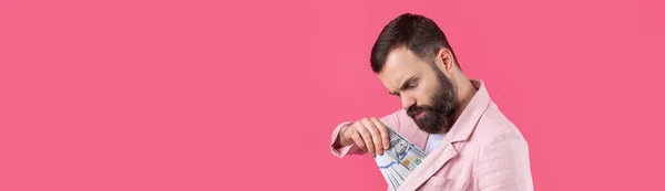 Portrait Contented Young Businessman Beard Dressed Pink Jacket Showing Dollar — Stock Photo, Image