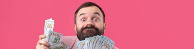 Pembe ceketli sakallı, mutlu genç bir iş adamının portresi kırmızı bir stüdyonun arka planında bize dolar banknotları gösteriyor. Tat, para kokusu..