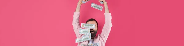 Portrait Contented Young Businessman Beard Dressed Pink Jacket Showing Dollar — Stock Photo, Image