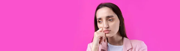 Portrait Beautiful Young Woman Pink Jacket Thinking Isolated Red Background — Stock Photo, Image