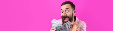 Pembe ceketli sakallı, mutlu genç bir iş adamının portresi kırmızı bir stüdyonun arka planında bize dolar banknotları gösteriyor. Tat, para kokusu..