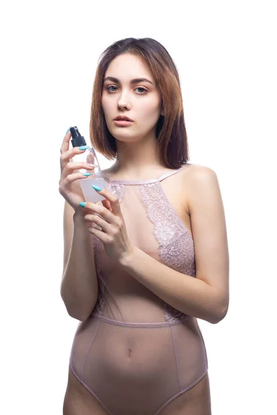 Vacker Sexig Dam Elegant Naken Kroppsdräkt Håller Flaska Händerna Mode — Stockfoto