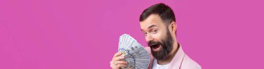 Pembe ceketli sakallı, mutlu genç bir iş adamının portresi kırmızı bir stüdyonun arka planında bize dolar banknotları gösteriyor. Tat, para kokusu..