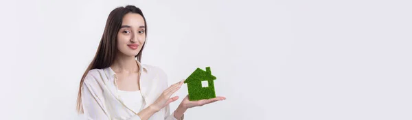 Young Girl Realtor Holds Model Green House Her Hands Sale — Stock Photo, Image