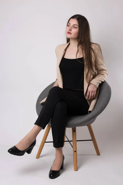 Portrait Young Brunette Long Hair Studio Cute Girl Sitting Chair — Stock Photo, Image