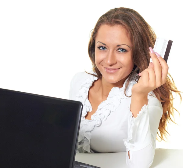 Attractive smiling girl in white blouse holding in his left hand — Stock Photo, Image