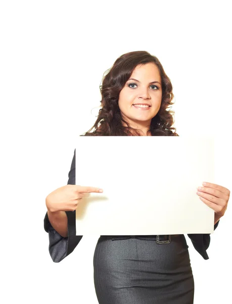 Attraente ragazza sorridente in un abito da lavoro grigio e lungo c scuro — Foto Stock