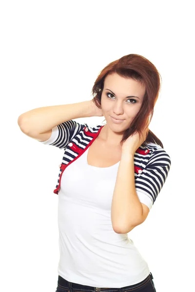 Menina atraente em uma camiseta branca e uma jaqueta listrada com dar — Fotografia de Stock