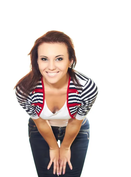 Attraktivt leende flicka i en vit t-shirt och en randig jacka — Stockfoto