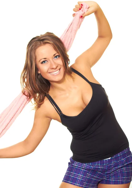 Menina sorridente atraente em uma camiseta preta e shorts. Menina com — Fotografia de Stock