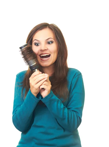 Attraente ragazza spaventata con i capelli lunghi scuri in una camicetta blu — Foto Stock