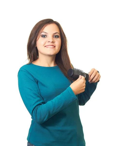 Menina sorridente atraente com cabelo escuro longo em uma blusa azul bru — Fotografia de Stock