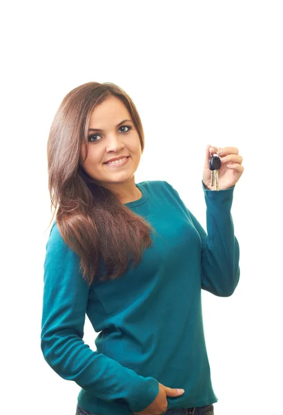Привлекательная улыбающаяся девушка в синей блузке, держащая в левой руке — стоковое фото