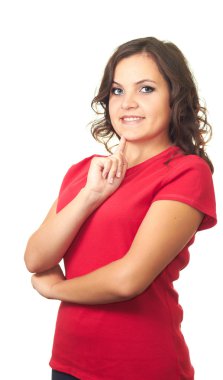 kırmızı gömlekli ona c parmağını tutan çekici gülümseyen kız