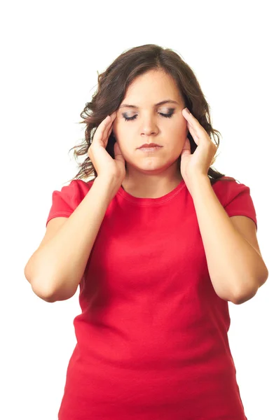 Attractive girl in red shirt is suffering from pain in the head. — Stock Photo, Image