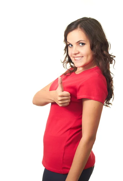 Chica atractiva en camisa roja mostrando los pulgares hacia arriba . —  Fotos de Stock