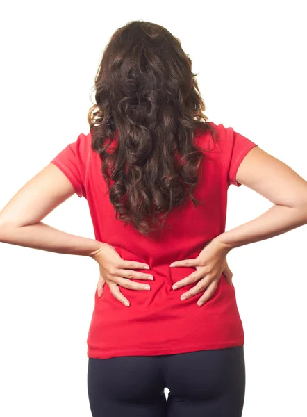 빨간 셔츠에 있는 여자는 허리 통증에서 고통. — 스톡 사진