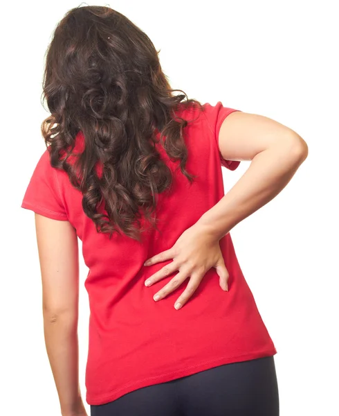 빨간 셔츠에 있는 여자는 허리 통증에서 고통. — 스톡 사진