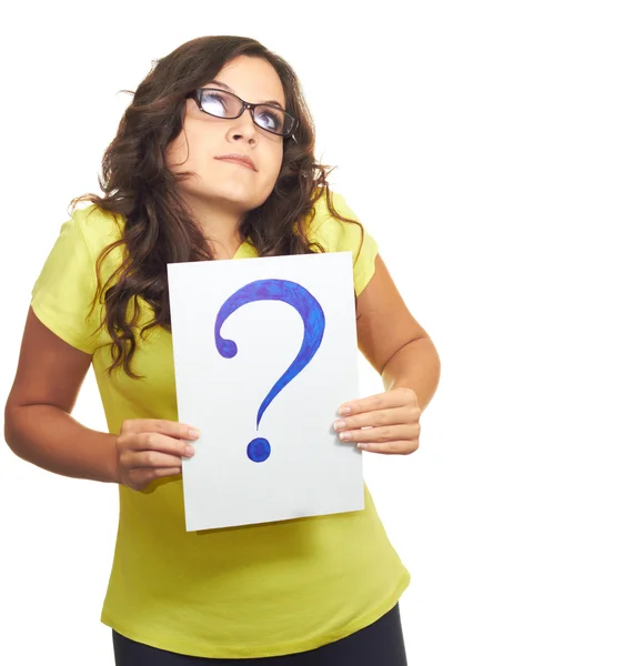 Attractive girl in glasses and a yellow shirt holding a sheet of — Stock Photo, Image