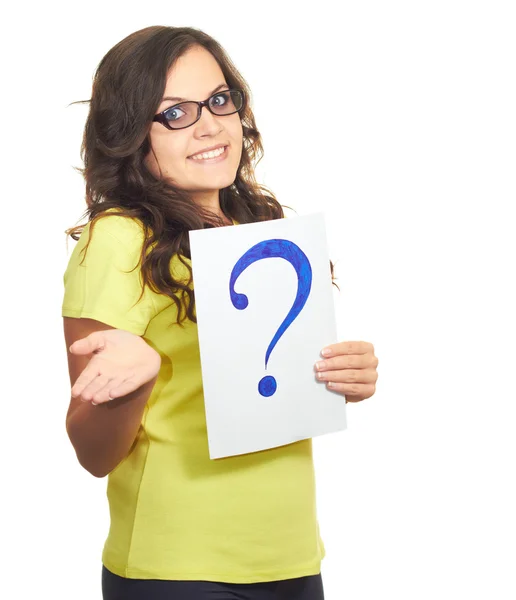 Attractive smiling girl in glasses and a yellow shirt holding a — Stock Photo, Image