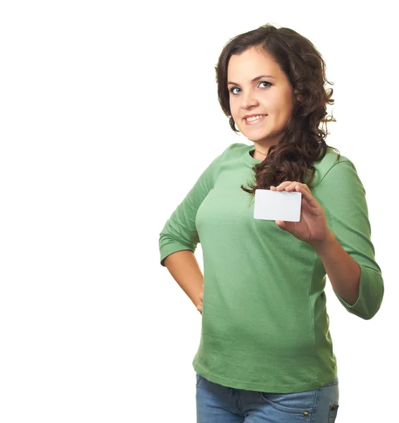 Aantrekkelijke lachende meisje in groen shirt een poster in de hand houden. — Stockfoto