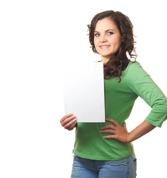 Aantrekkelijke lachende meisje in groen shirt houden een poster van de r — Stockfoto