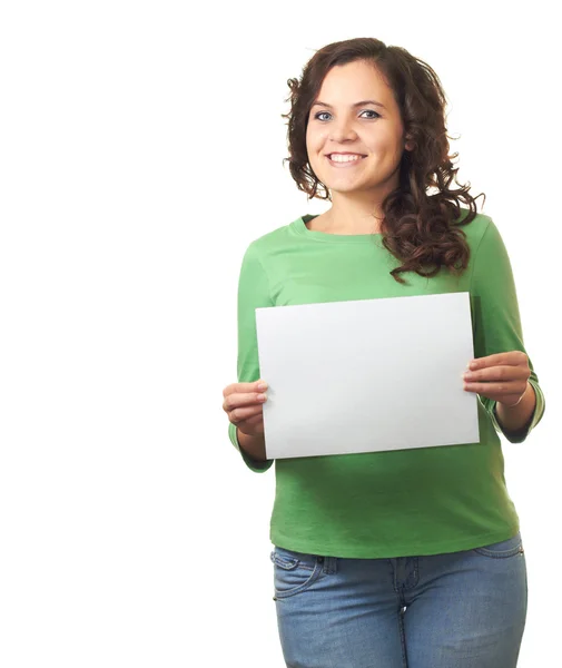 Attractive smiling girl in green shirt holding a poster in hand. — Stock Photo, Image