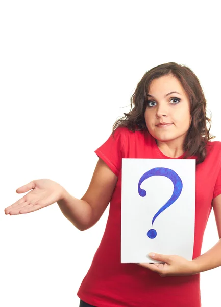 Attractive girl in red shirt holding a sheet of paper with a big — Stock Photo, Image