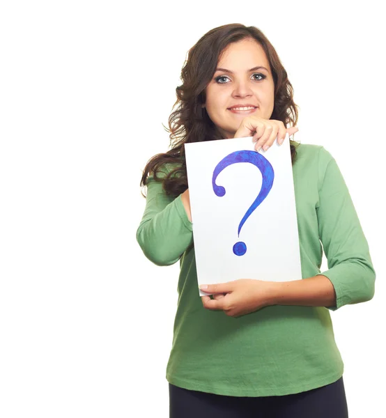 Attractive smiling girl in a green shirt and holding a a sheet o — Stock Photo, Image