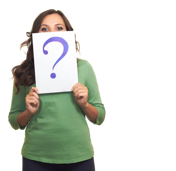 çekici gülümseyen kız Yeşil tişörtlü ve holding bir levha o