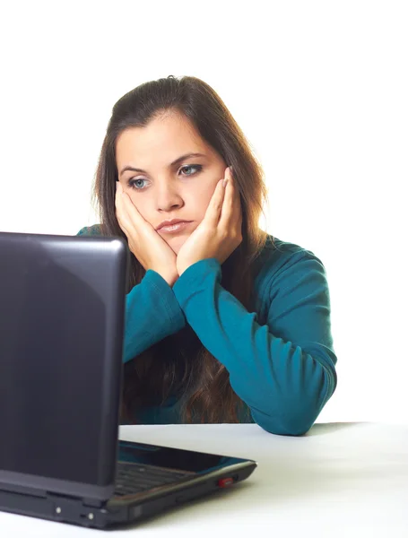 Deprimida e cansada menina de negócios no trabalho. A rapariga de azul — Fotografia de Stock