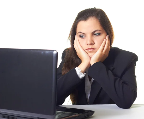 Depressziós és fáradt üzleti nő a munka. A lány fekete ja — Stock Fotó