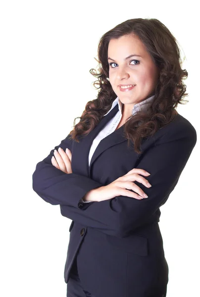 Attractive young smiling girl in a black business suit. Girl sta — Stock Photo, Image
