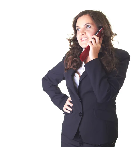 Attractive young smiling girl in a black business suit talking o — Stock Photo, Image