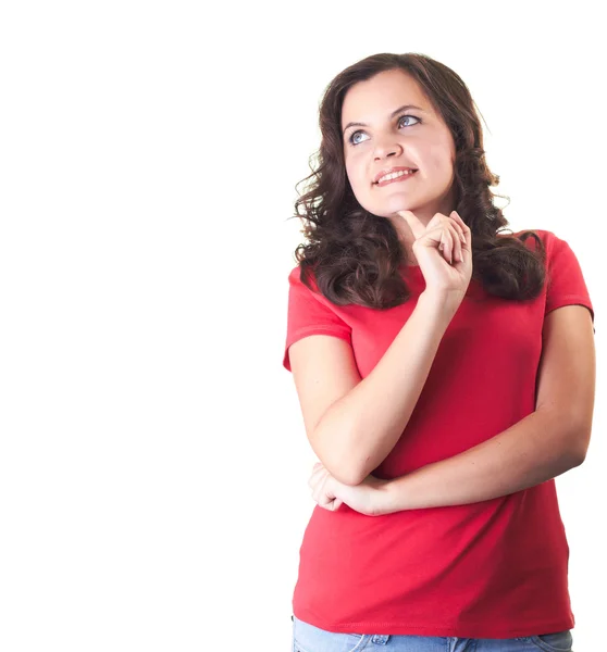 Aantrekkelijke lachende meisje in een rode shirt is dromen en houden h — Stockfoto