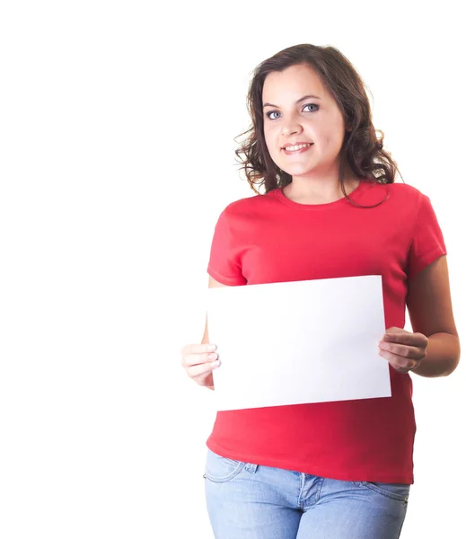 Atractiva chica sonriente con camisa roja sosteniendo un cartel . —  Fotos de Stock