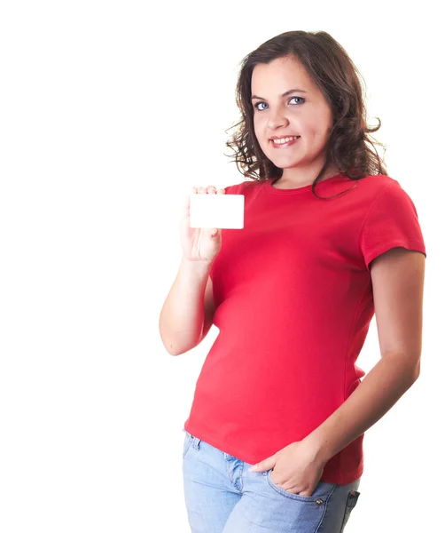 Muchacha sonriente atractiva en una camisa roja y vaqueros azules en la plataforma —  Fotos de Stock